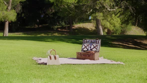 Basket with Elegant Straw Bag on Bright Green Lawn Picnic in Summer Park RED 6K alt