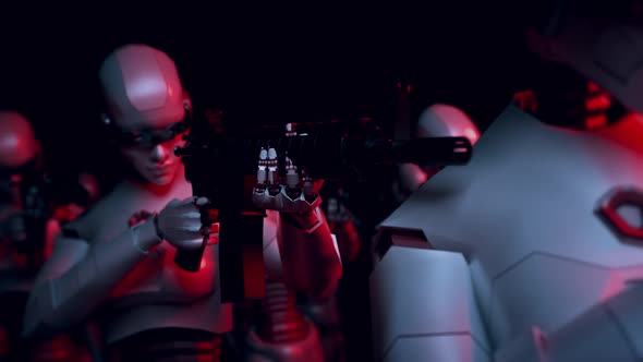 Modern Cyber Robots Army With Artificial Intelligence In Red Alert Lights 4k alt