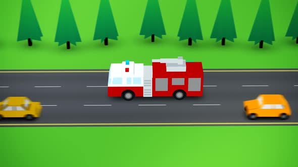 A busy highway. The fire truck with the flashing lights on the emergency call alt