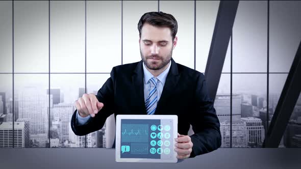Man showing digitally generated medical icons and graphs on tablet alt