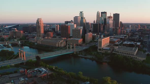 Aerial View Across Mississippi River into Downtown Minneapolis Minnesota 4K UHD