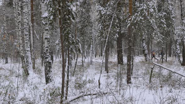 two man runners run winter forest