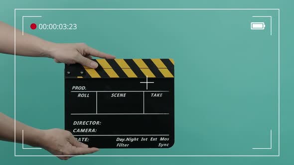 Movie Clapper Board. Hollywood Director Film Slate. Film crew hold and clapping film slate in video