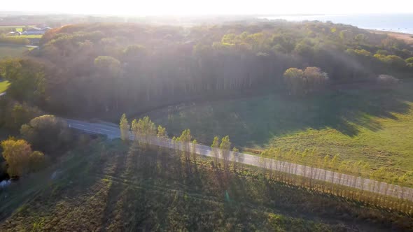Aerial view of beautiful  woods, fields and coastline in Odsherred, Zealand, Denmark alt