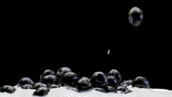 A Blueberries Falling into white yogurt in Slow Motion on a Black Background alt
