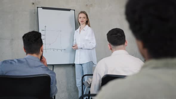 Young Female Teacher Stands Near Flip Chart in Classroom at Lesson Explains Work Plan Tells New alt