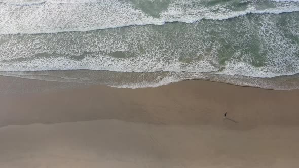 Drone View of Person Walking Towards Water