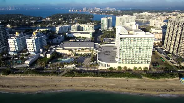 Aerial footage of Miami Beach during golden hour