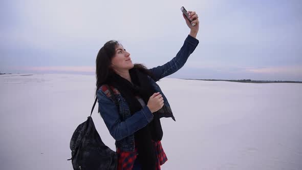  Student Teacher Female Taking Selfies with Smartphone at Seaside