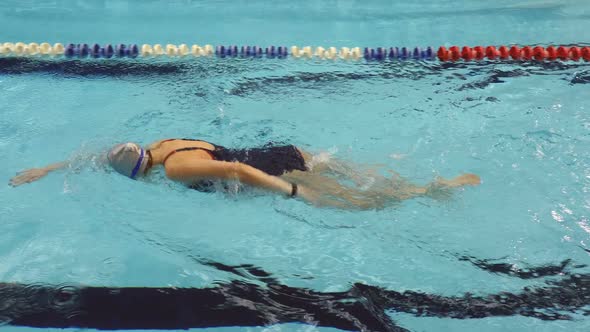 Side View Of A Female Doing Front Crawl During Training In Swimming Pool