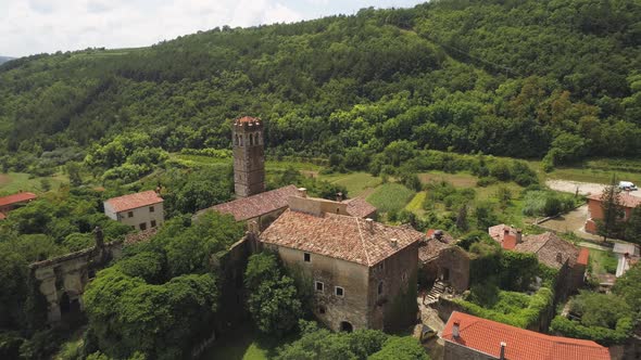 Aerial view of small historical hilltop town in the region of Istria, Croatia alt