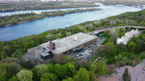 Aerial view above helipad. Drone Flight Over Rooftop Helipad. alt