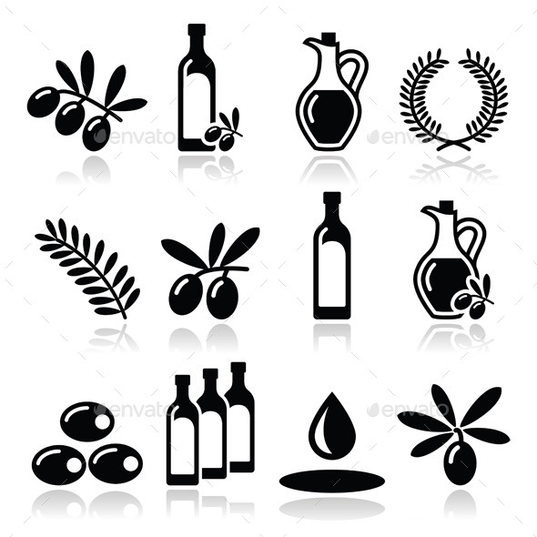Olive Oil and Olive Branch Icons Set - Food Objects
