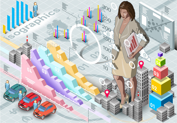 Isometric Infographic Woman Secretary Set Elements - Business Conceptual