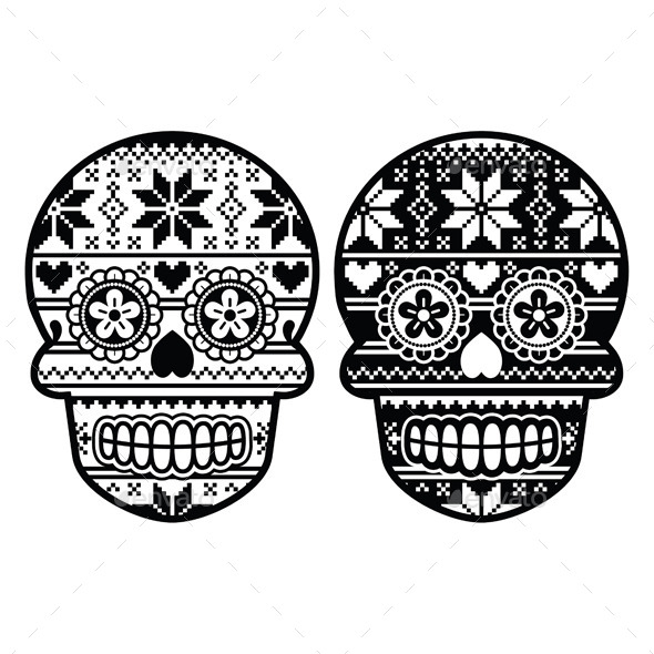 Mexican Black Sugar Skull with Winter Pattern - Patterns Decorative