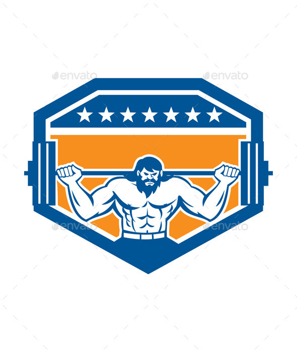 Bodybuilder Lifting Barbell Shield Retro - Sports/Activity Conceptual