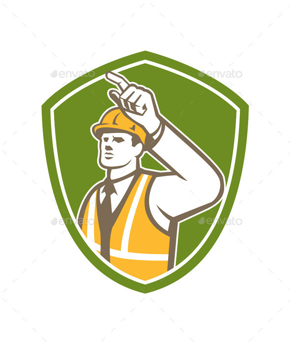 Builder Construction Worker Pointing Shield Retro - People Characters