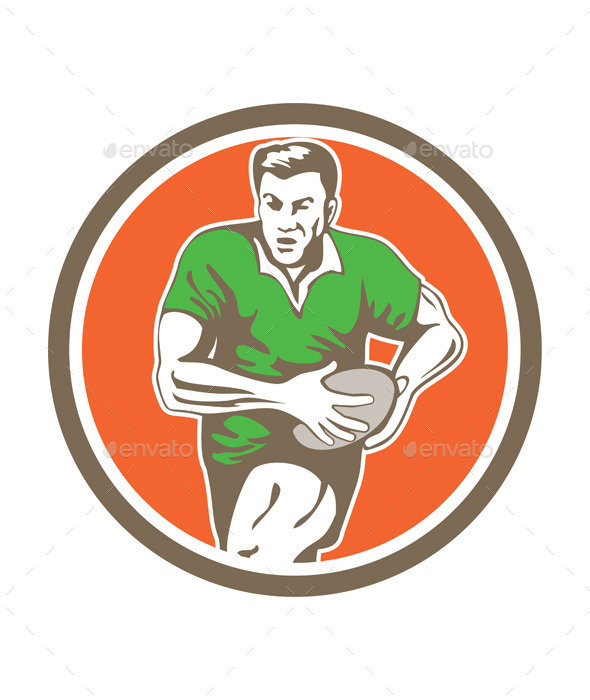 Rugby Player Running Ball Circle Retro - Sports/Activity Conceptual