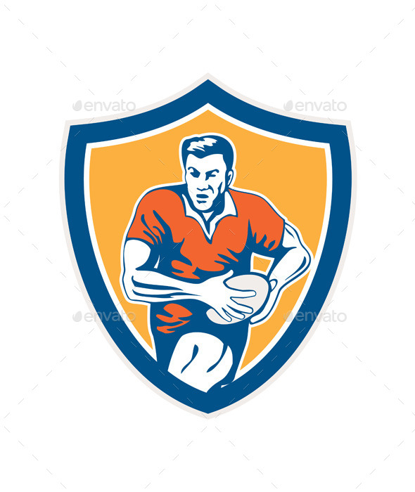 Rugby Player Running Ball Shield Retro - Sports/Activity Conceptual