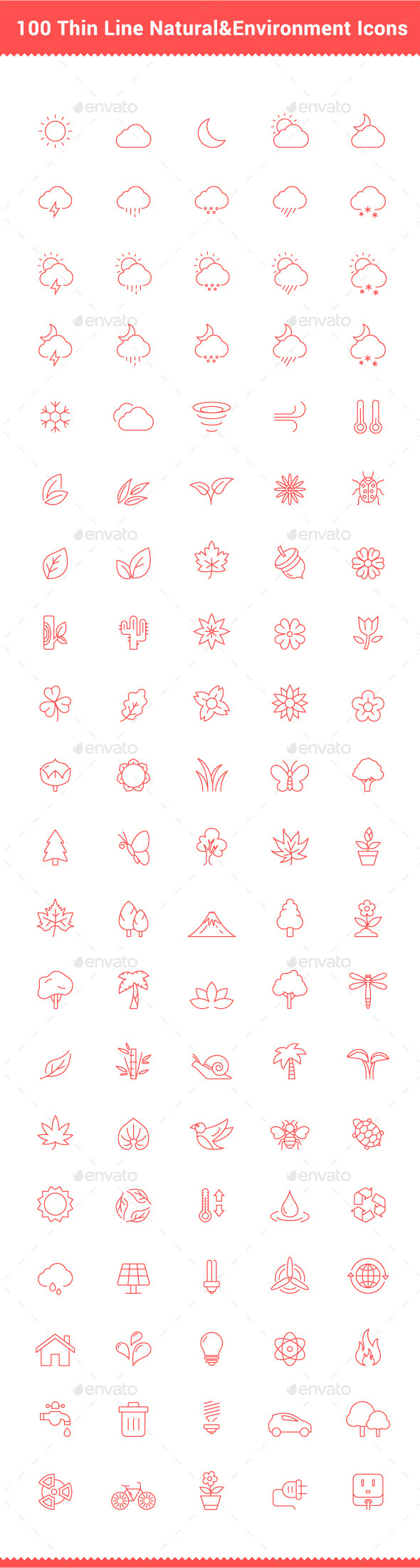 100 Thin Line Stroke Natural and Environment Icons - Icons