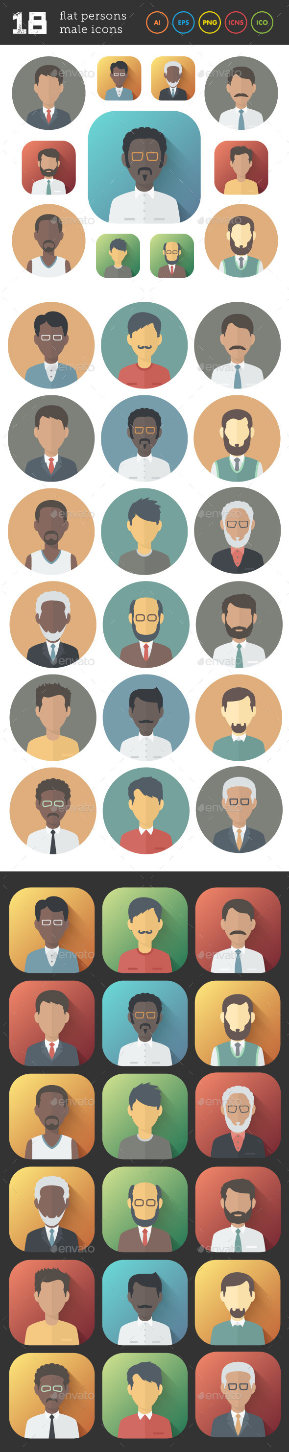 Flat Icons Set of Male Persons - People Characters