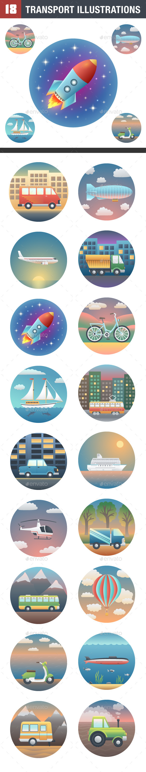 Set of HQ Transport Illustrations - Travel Conceptual