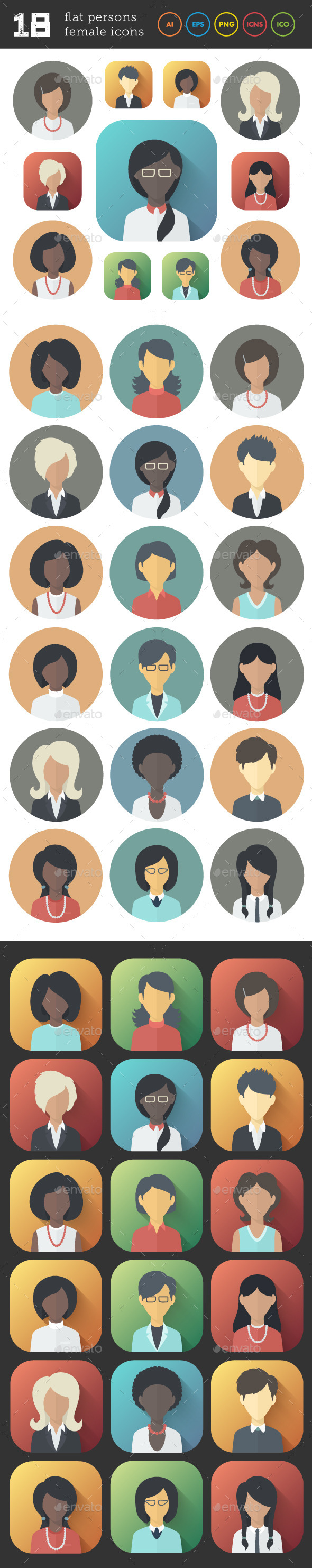Flat Icons Set of Female Persons - People Characters