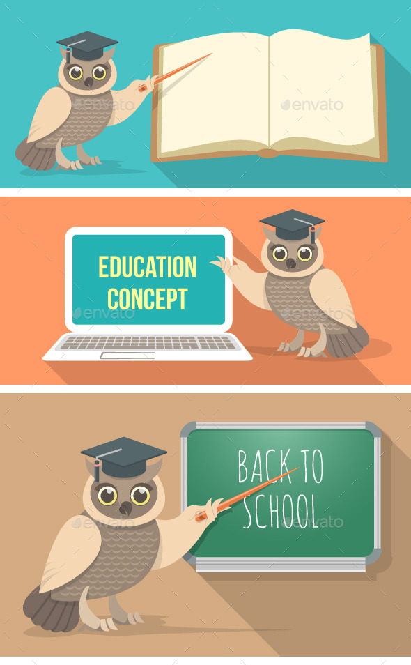Wise Owl with Book, Laptop and School Board - Animals Characters