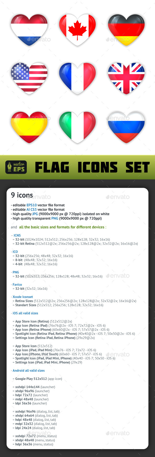 Glass Heart Flags Icons Set - Miscellaneous Icons