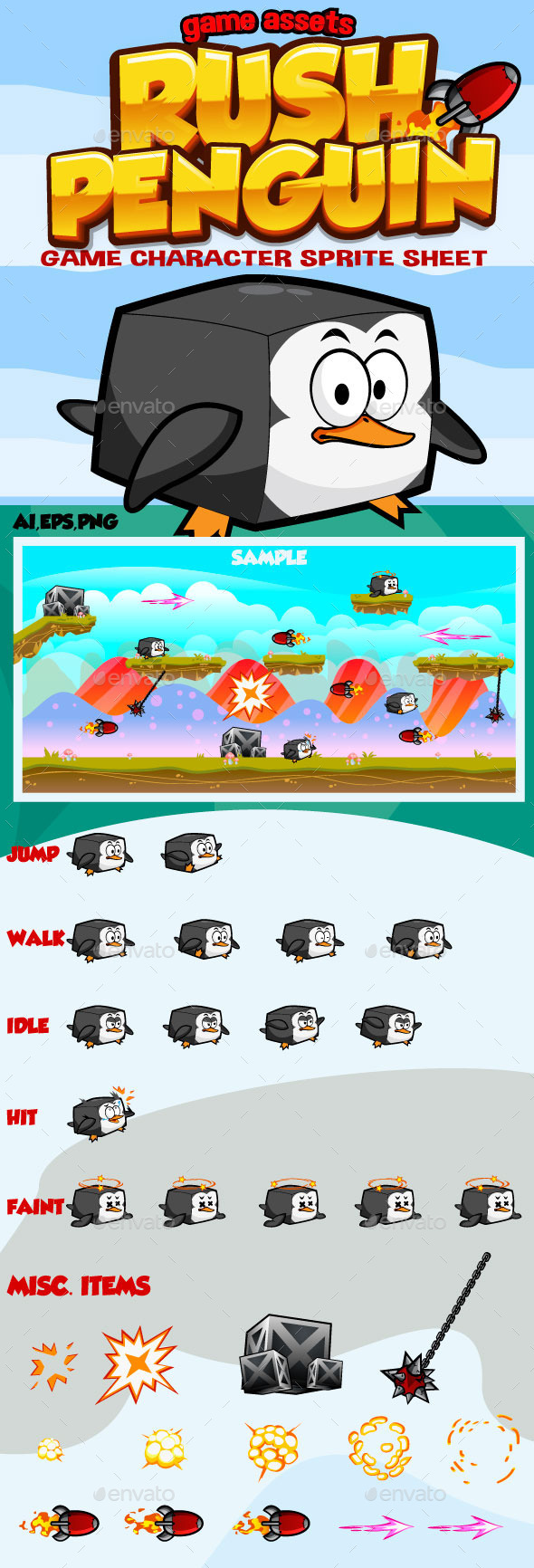 Rush Penguin: Game Character - Sprites Game Assets