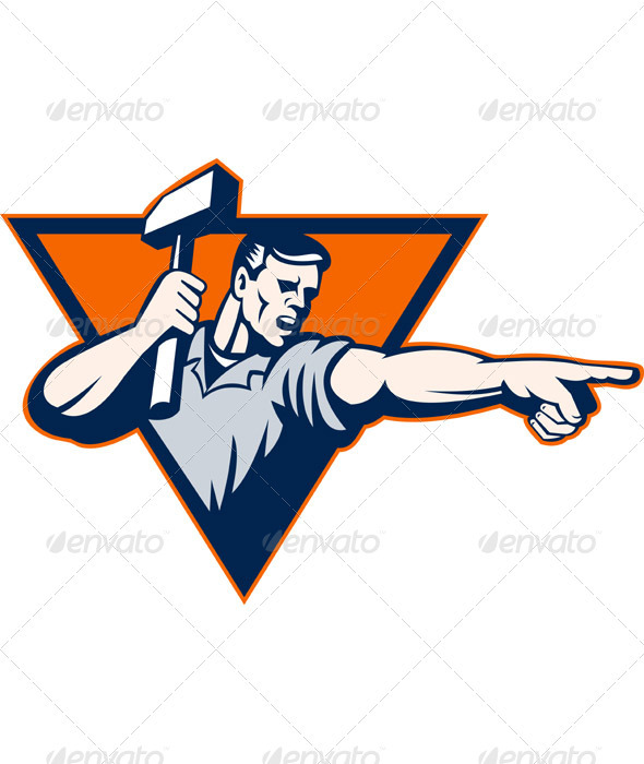 Blacksmith Worker Holding Hammer Pointing To Side