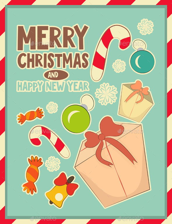 Christmas Retro Postcard with Toys and Gift Box - Christmas Seasons/Holidays