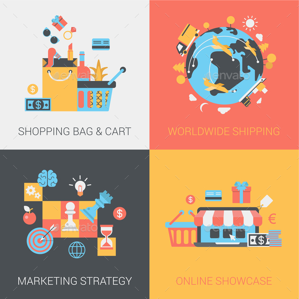 Shopping, Shipping, Marketing Strategy and Online Store Flat - Concepts Business