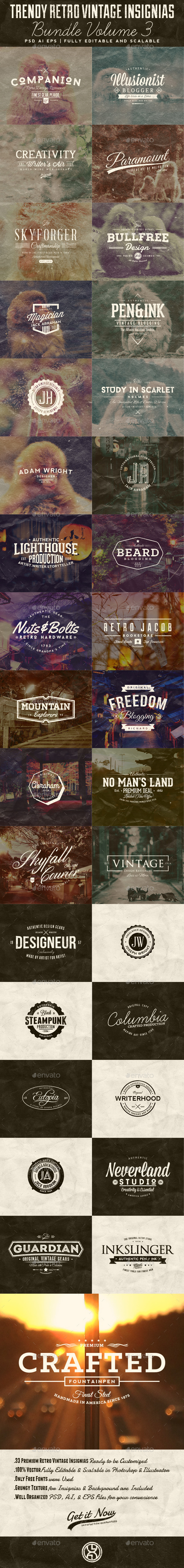 33 Trendy Retro Vintage Insignias Bundle Volume 3 - Badges & Stickers Web Elements