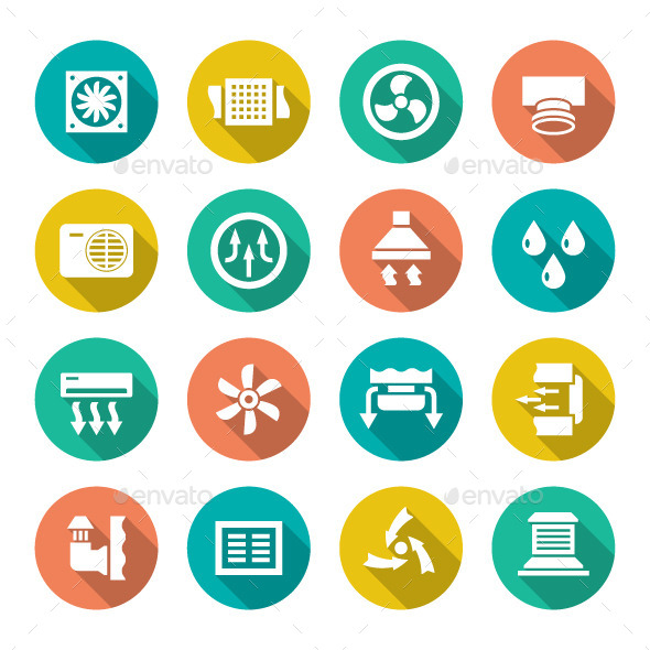 Set Flat Icons of Ventilation and Conditioning - Man-made objects Objects