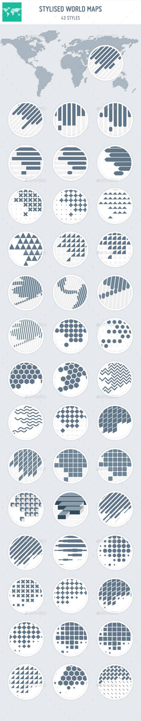 43 Stylised World Maps - Objects Vectors