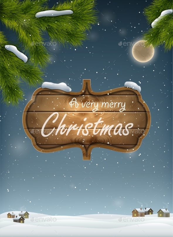 Christmas Landscape With Wooden Board - Christmas Seasons/Holidays