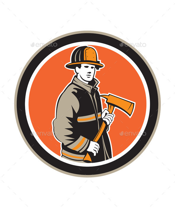 Firefighter Holding Fire Axe Circle - People Characters