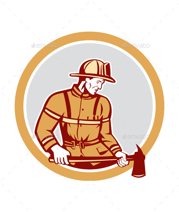 Firefighter Holding Fire Axe Circle - People Characters