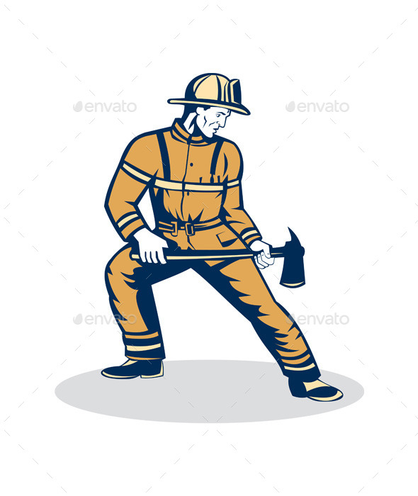 Firefighter Standing Holding Fire Axe - People Characters