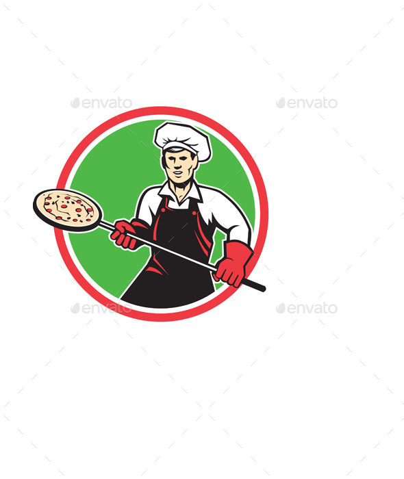 Pizza Maker Holding Peel Circle Retro - People Characters