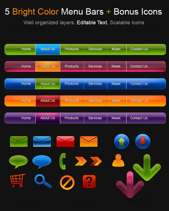 5 Bright Color Menu Bars + Bonus Icons - Web Elements