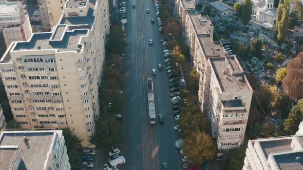 Tram Rides in the Middle of the Street in Bucharest