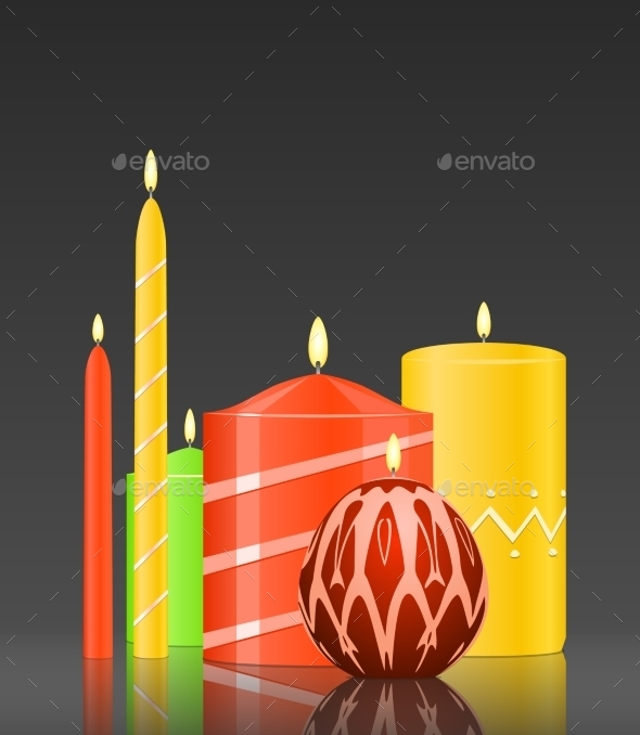Burning Candles on Glossy Dark Background - Religion Conceptual