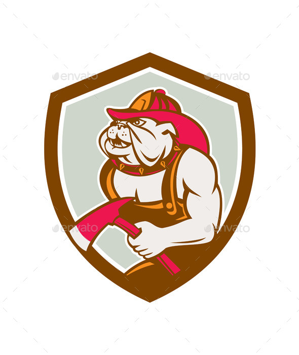 Bulldog Fireman With Axe Shield Retro - Animals Characters