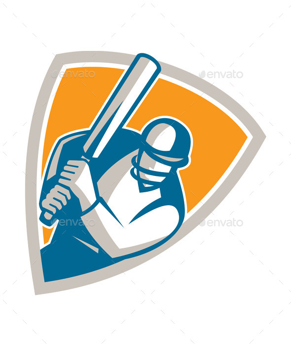 Cricket Player Batsman Batting Shield Retro - Sports/Activity Conceptual