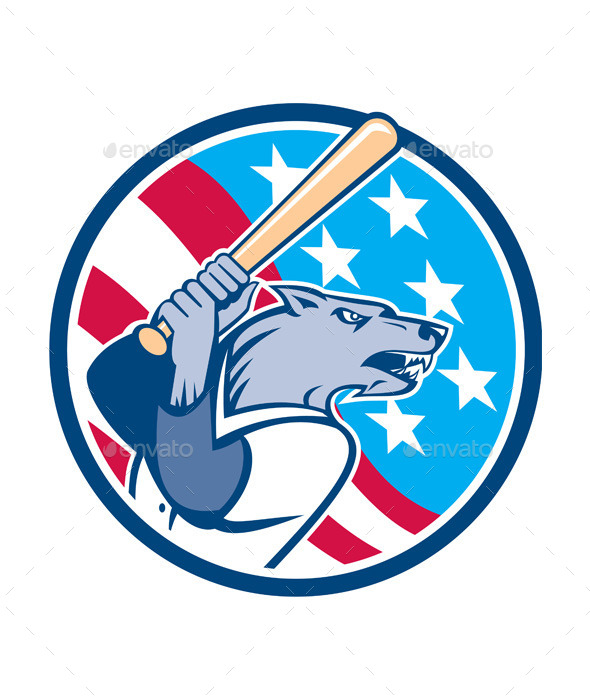 Wolf Baseball with Bat USA Stars Circle - Animals Characters