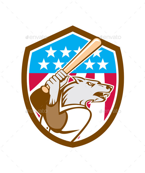 Wolf Baseball with Bat USA Stars Shield - Sports/Activity Conceptual