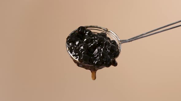Juicy Black Tapioca Pearls Slowly Falling from Round Spider Strainer alt
