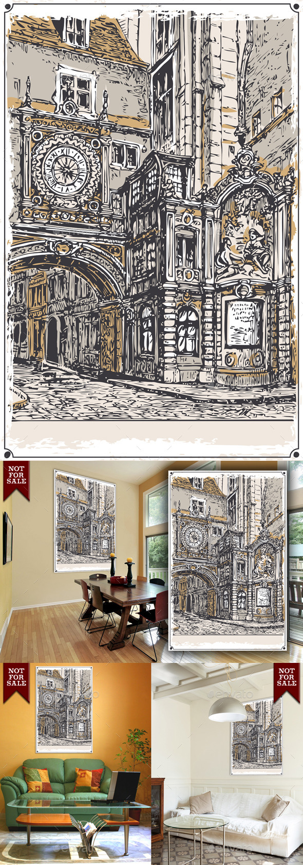 Vintage View of Gros Horloge street, Rouen - Buildings Objects